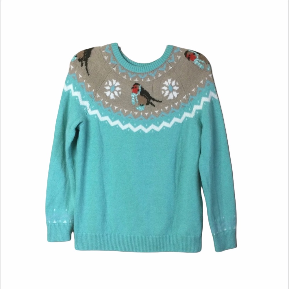 Talbots Aqua Lambswool Crewneck Sweater w/ Bird Knit Yoke Size Large